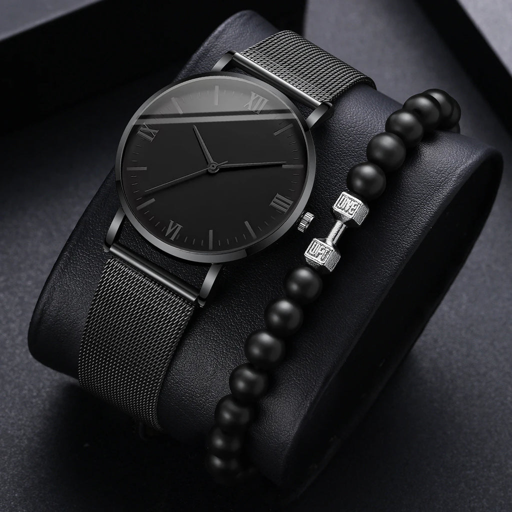 2PCS Men's Watch Fashion Roma Quartz Watches Steel Mesh Band Wristwatches Bracelet Set